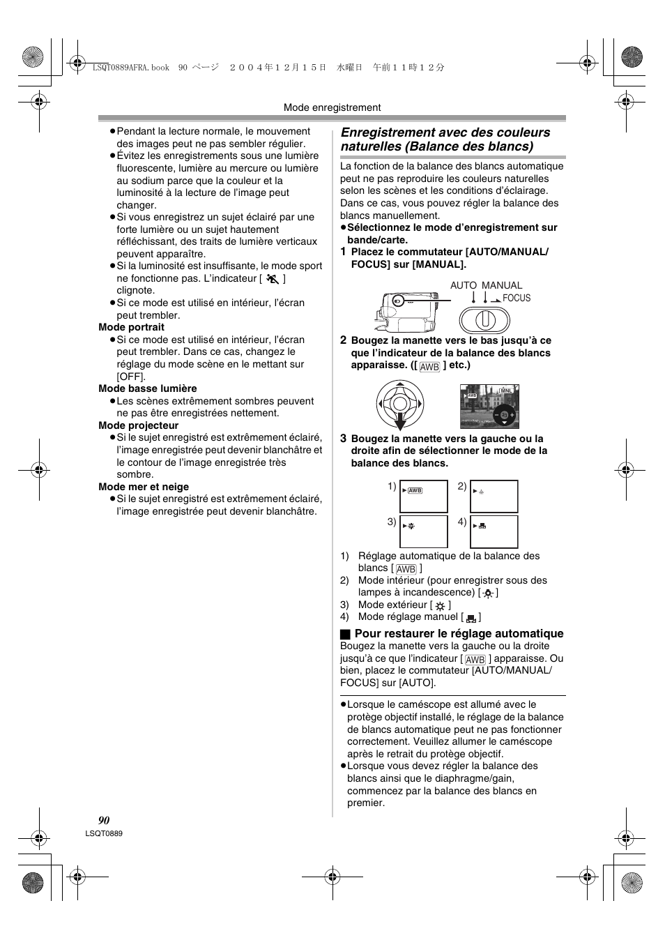 Enregistrement avec des couleurs naturelles, Balance des blancs) | Panasonic NVGS21EG User Manual | Page 90 / 236