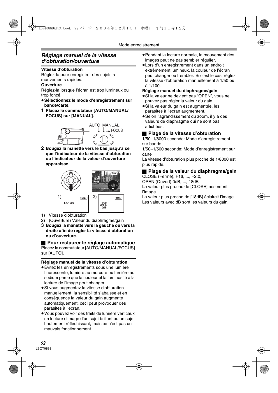 Réglage manuel de la vitesse, D’obturation/ouverture | Panasonic NVGS21EG User Manual | Page 92 / 236