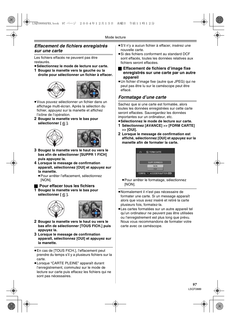 Effacement de fichiers enregistrés sur, Une carte, Formatage d’une carte | Effacement de fichiers enregistrés sur une carte | Panasonic NVGS21EG User Manual | Page 97 / 236