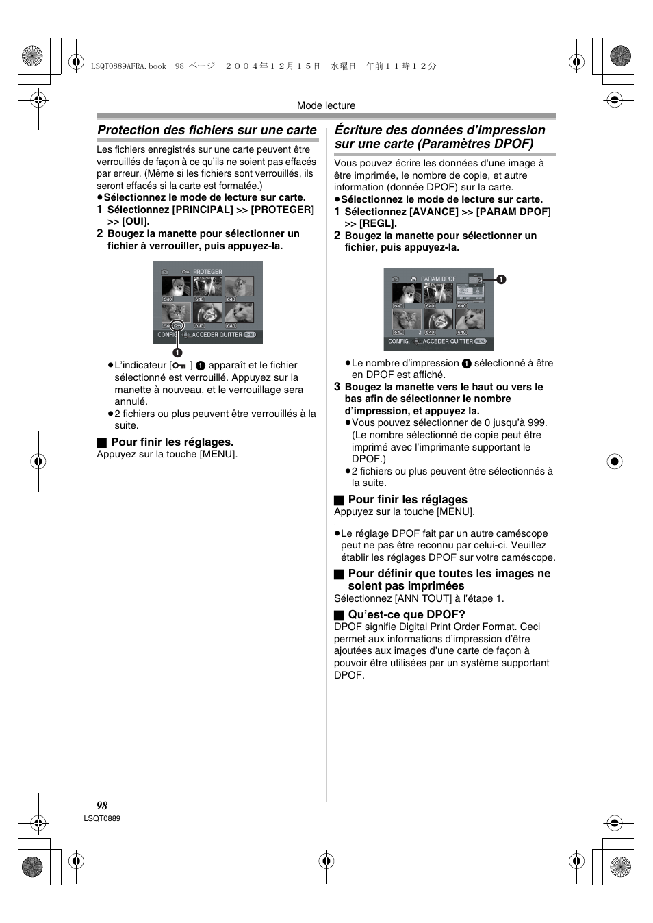 Une carte (paramètres dpof), Protection des fichiers sur une carte | Panasonic NVGS21EG User Manual | Page 98 / 236