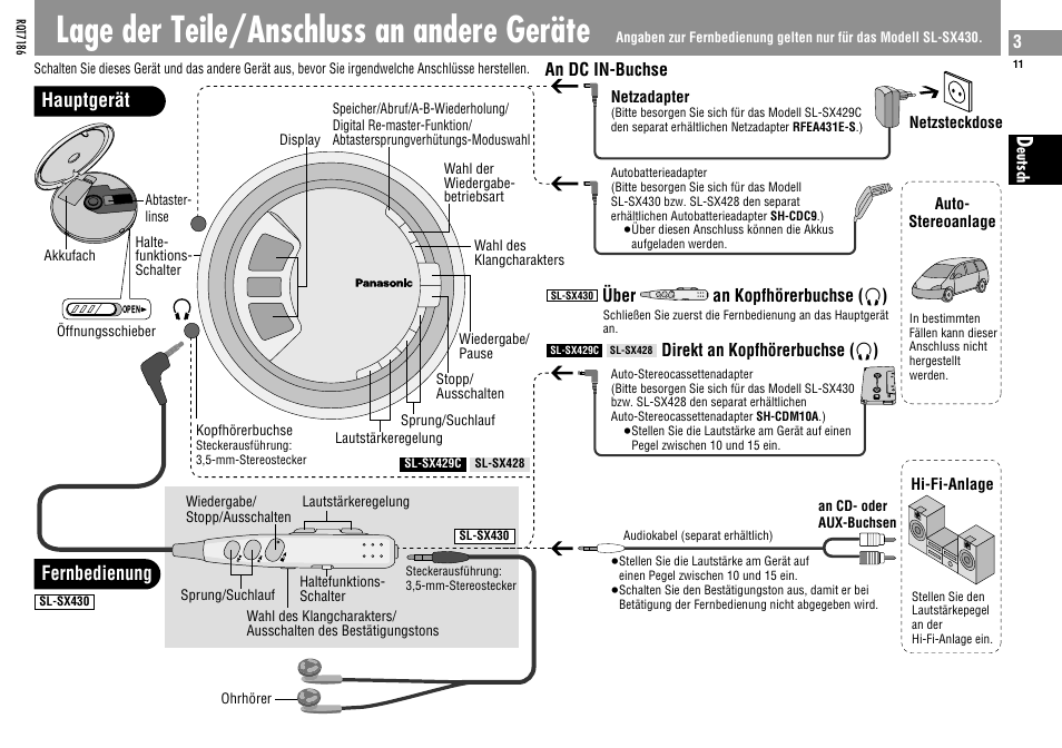 Lage der teile/anschluss an andere geräte, Hauptgerät fernbedienung, Über an kopfhörerbuchse ( ë ) | Direkt an kopfhörerbuchse ( ë ), An dc in-buchse | Panasonic SLSX429C User Manual | Page 11 / 100