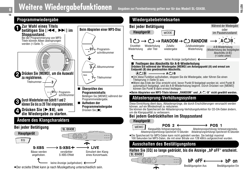 Weitere wiedergabefunktionen, Bp off, Bp on | Programmwiedergabe, Ändern des klangcharakters, Random, Random a b, Wiedergabebetriebsarten, Abtastersprung-verhütungssystem, Ausschalten des bestätigungstons | Panasonic SLSX429C User Manual | Page 14 / 100