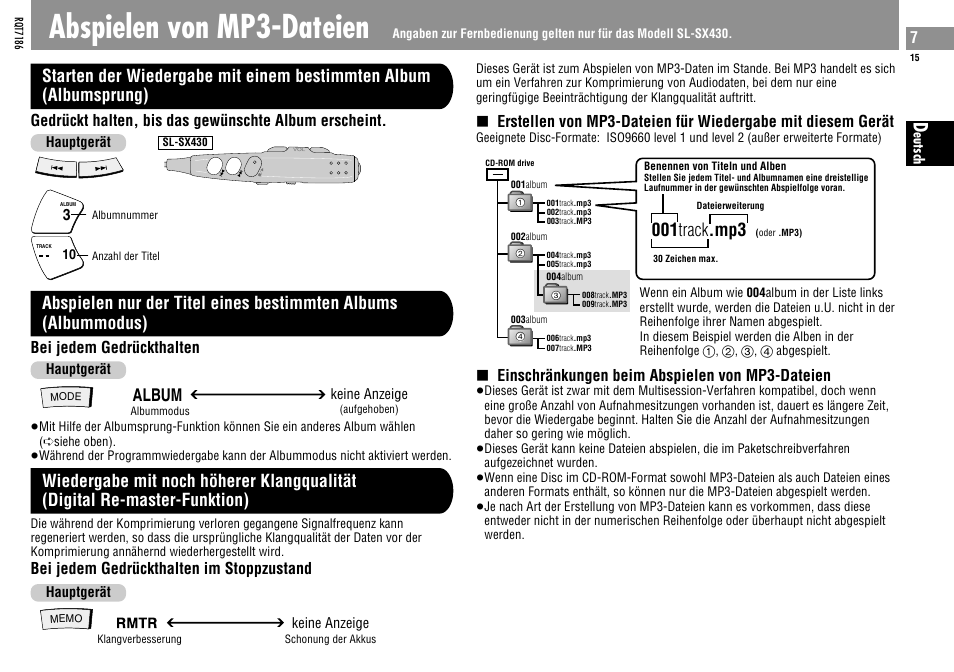 Abspielen von mp3-dateien, 001 track .mp3, Album | Bei jedem gedrückthalten, Einschränkungen beim abspielen von mp3-dateien, Bei jedem gedrückthalten im stoppzustand | Panasonic SLSX429C User Manual | Page 15 / 100