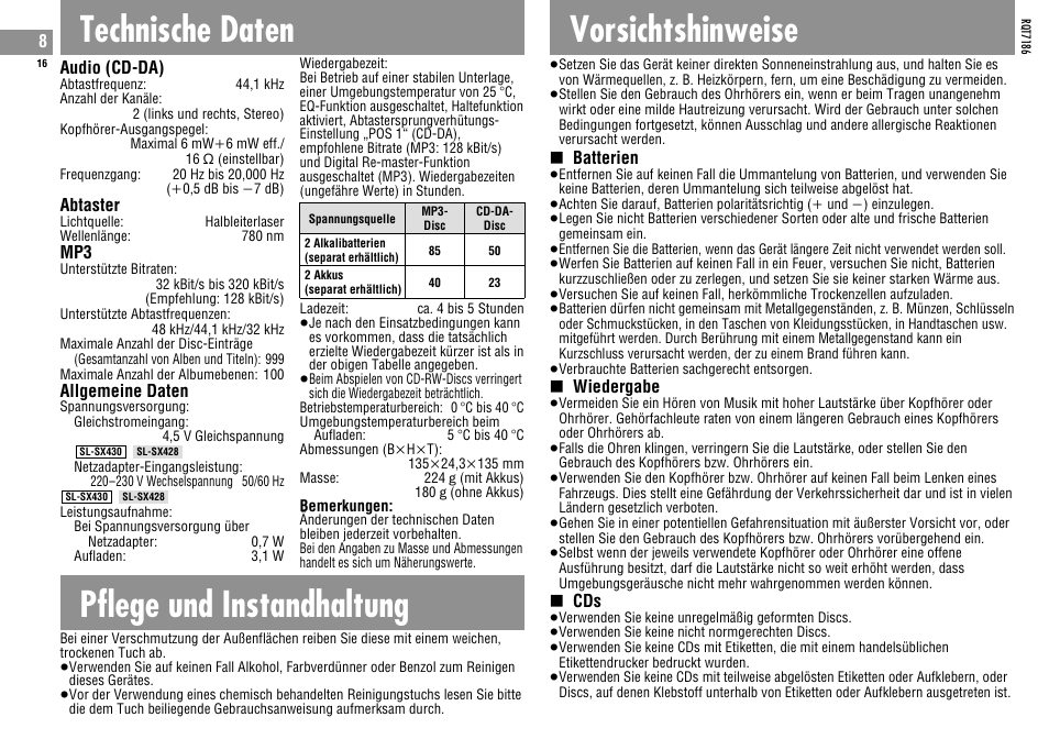 Technische daten, Pflege und instandhaltung, Vorsichtshinweise | Panasonic SLSX429C User Manual | Page 16 / 100