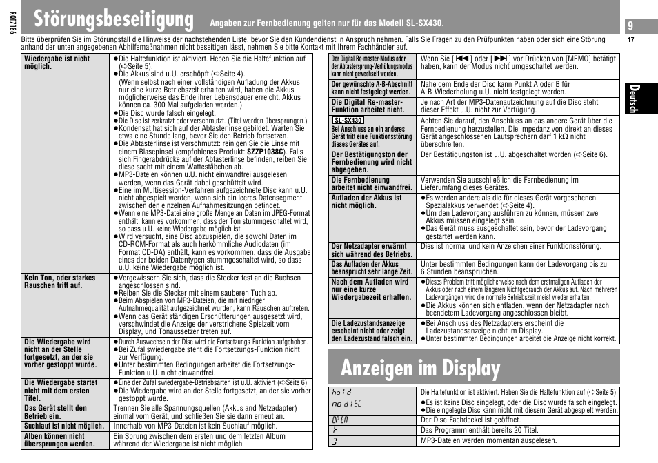 Störungsbeseitigung, Anzeigen im display | Panasonic SLSX429C User Manual | Page 17 / 100