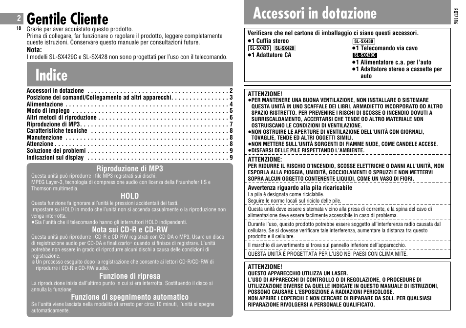 Indice gentile cliente, Accessori in dotazione | Panasonic SLSX429C User Manual | Page 18 / 100