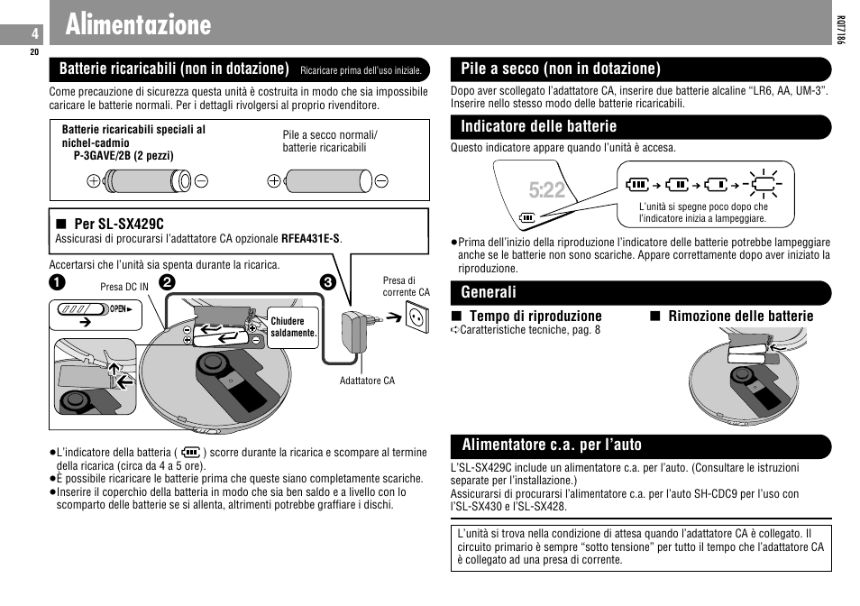 Alimentazione | Panasonic SLSX429C User Manual | Page 20 / 100
