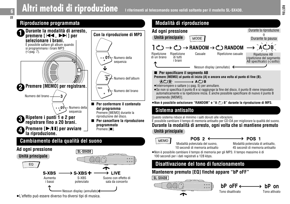 Altri metodi di riproduzione, Bp off, Bp on | Riproduzione programmata random random a b, Modalità di riproduzione, Sistema antisalto, Disattivazione del tono di funzionamento, Cambiamento della qualità del suono | Panasonic SLSX429C User Manual | Page 22 / 100