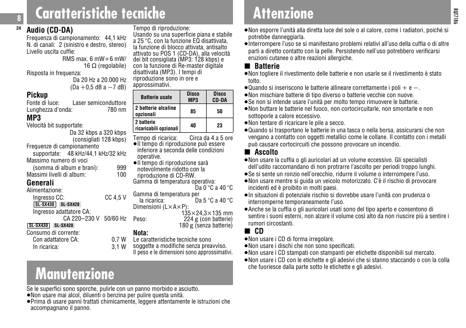 Caratteristiche tecniche, Manutenzione, Attenzione | Panasonic SLSX429C User Manual | Page 24 / 100