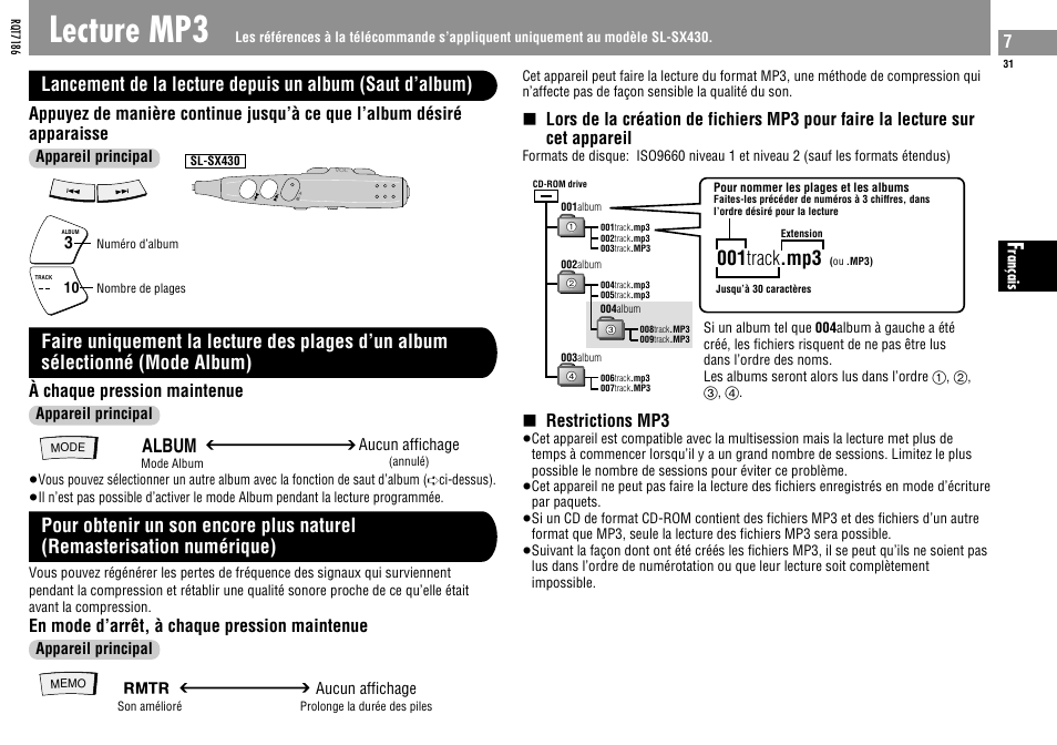 Lecture mp3, 001 track .mp3, Album | À chaque pression maintenue, Restrictions mp3, En mode d’arrêt, à chaque pression maintenue | Panasonic SLSX429C User Manual | Page 31 / 100