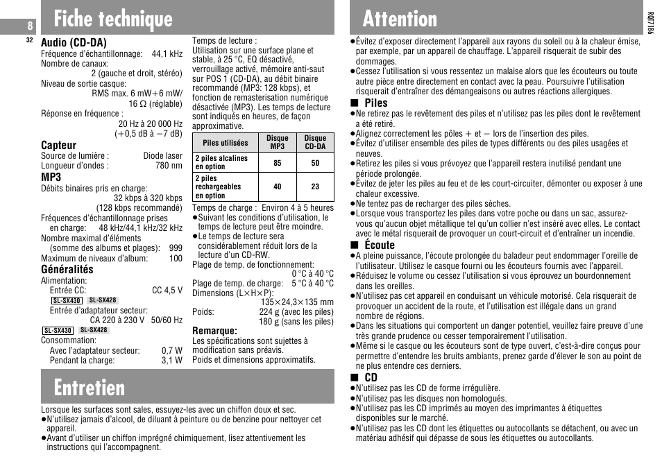 Fiche technique, Entretien, Attention | Panasonic SLSX429C User Manual | Page 32 / 100