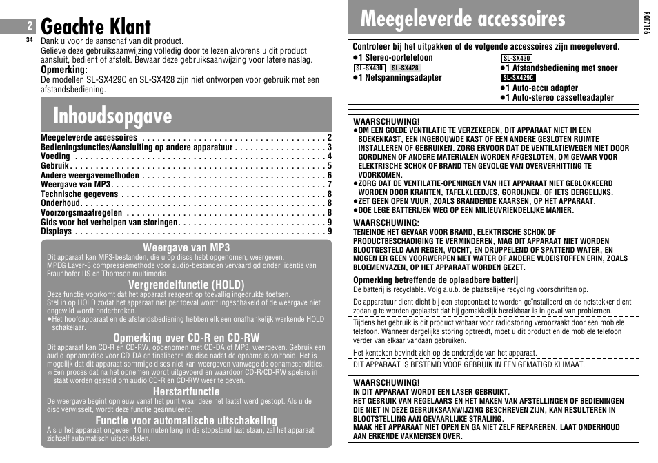 Inhoudsopgave geachte klant, Meegeleverde accessoires | Panasonic SLSX429C User Manual | Page 34 / 100