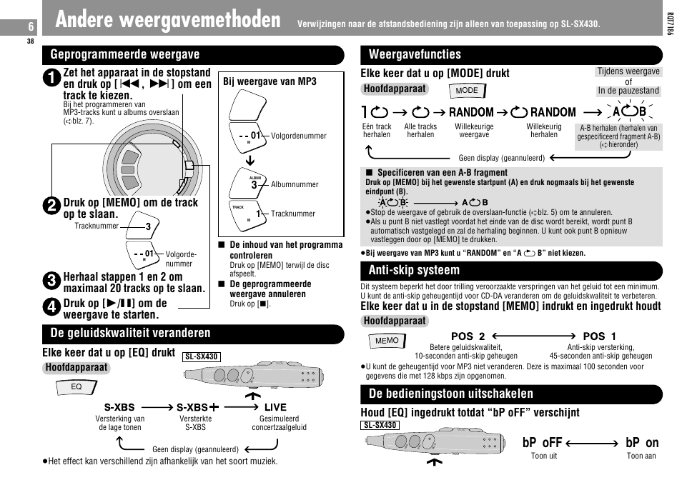 Andere weergavemethoden, Bp off, Bp on | Geprogrammeerde weergave, De geluidskwaliteit veranderen, Random, Random a b, Weergavefuncties, Anti-skip systeem, De bedieningstoon uitschakelen | Panasonic SLSX429C User Manual | Page 38 / 100