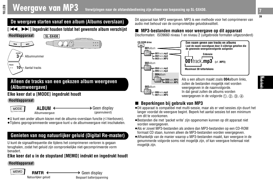 Weergave van mp3, 001 track .mp3, Album | Elke keer dat u [mode] ingedrukt houdt, Mp3-bestanden maken voor weergave op dit apparaat, Beperkingen bij gebruik van mp3 | Panasonic SLSX429C User Manual | Page 39 / 100