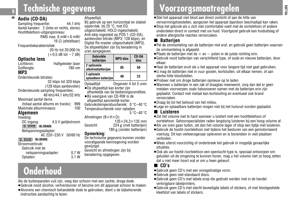 Technische gegevens, Onderhoud, Voorzorgsmaatregelen | Panasonic SLSX429C User Manual | Page 40 / 100