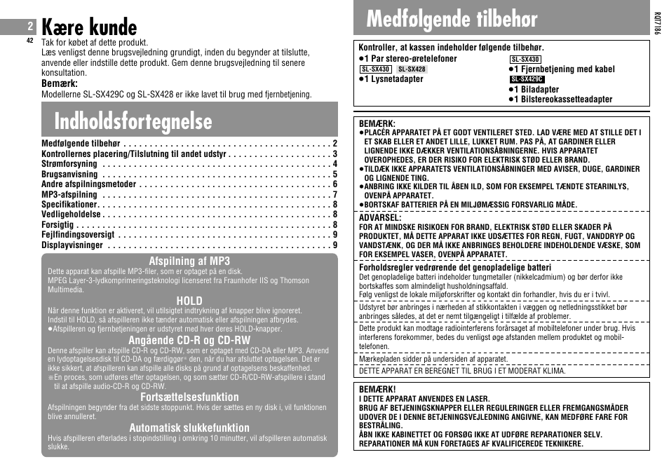 Indholdsfortegnelse kære kunde, Medfølgende tilbehør | Panasonic SLSX429C User Manual | Page 42 / 100