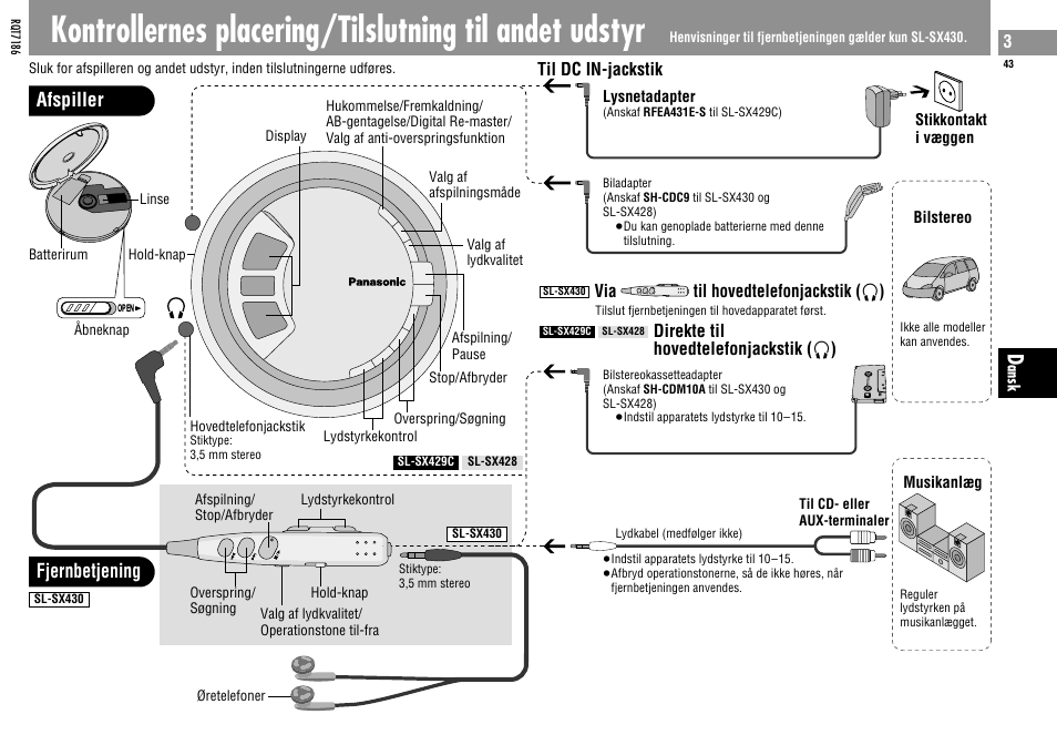 Afspiller fjernbetjening, Via til hovedtelefonjackstik ( ë ), Direkte til hovedtelefonjackstik ( ë ) | Til dc in-jackstik | Panasonic SLSX429C User Manual | Page 43 / 100