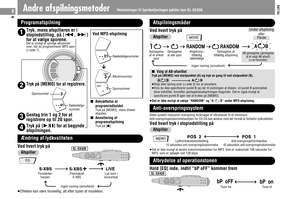 Andre afspilningsmetoder, Bp off, Bp on | Programafspilning, Ændring af lydkvaliteten, Random, Random a b, Afspilningsmåder, Anti-overspringssystem, Afbrydelse af operationstonen | Panasonic SLSX429C User Manual | Page 46 / 100
