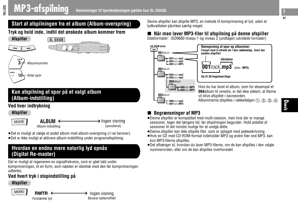 Mp3-afspilning, 001 track .mp3, Album | Ved hver indtrykning, Begrænsninger af mp3, Ved hvert tryk i stopindstilling på | Panasonic SLSX429C User Manual | Page 47 / 100