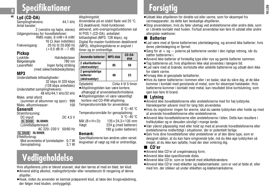 Specifikationer, Vedligeholdelse, Forsigtig | Panasonic SLSX429C User Manual | Page 48 / 100