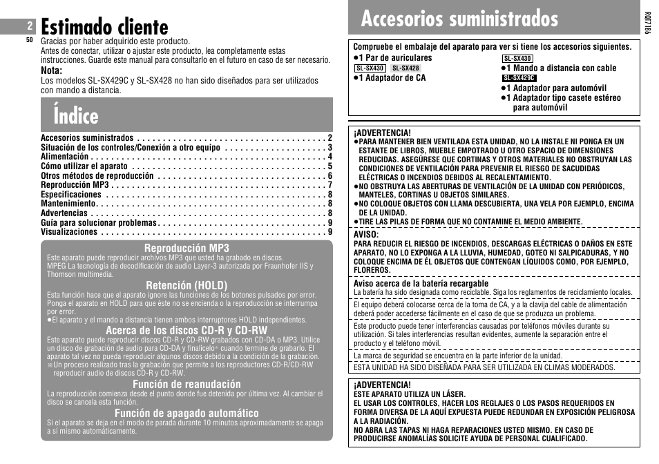 Índice estimado cliente, Accesorios suministrados | Panasonic SLSX429C User Manual | Page 50 / 100