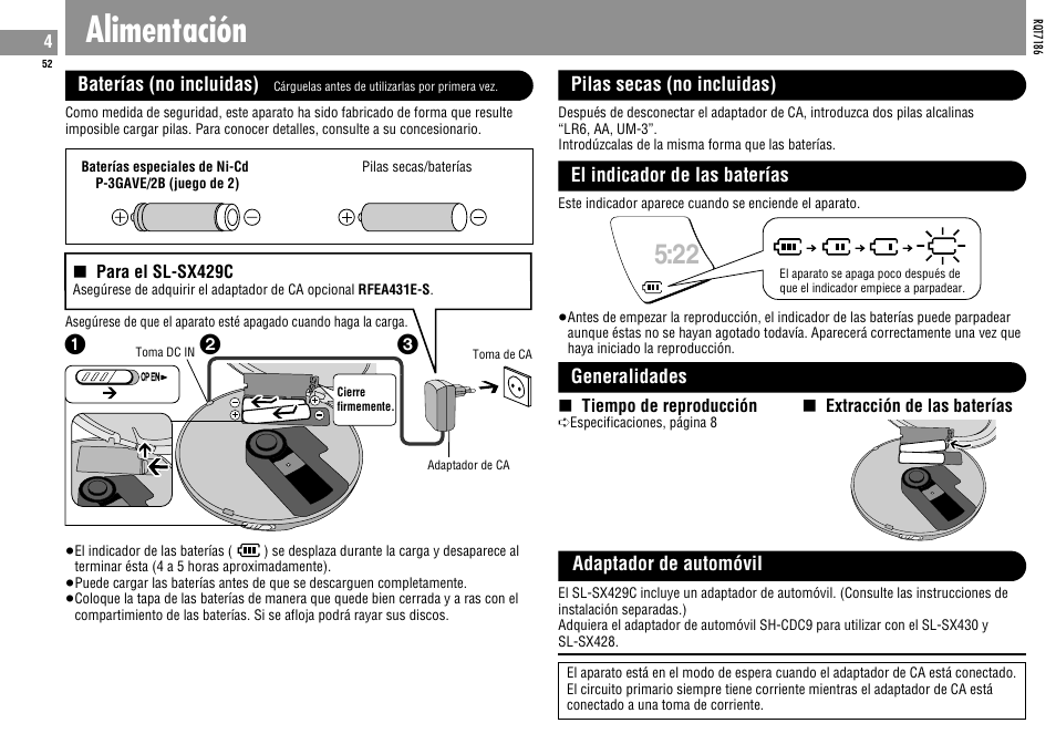 Alimentación | Panasonic SLSX429C User Manual | Page 52 / 100