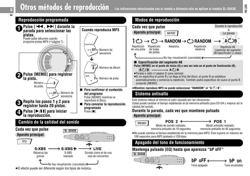 Otros métodos de reproducción, Bp off, Bp on | Reproducción programada, Cambio de la calidad del sonido, Random, Random a b, Modos de reproducción, Sistema antisalto, Apagado del tono de funcionamiento | Panasonic SLSX429C User Manual | Page 54 / 100