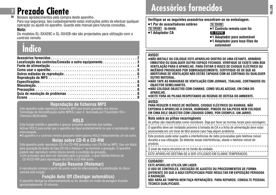 Índice prezado cliente, Acessórios fornecidos | Panasonic SLSX429C User Manual | Page 58 / 100