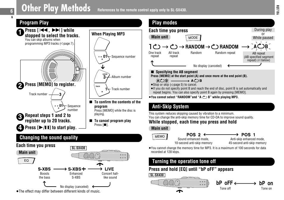 Other play methods, Bp off, Bp on | Program play random random a b, Play modes, Anti-skip system, Turning the operation tone off, Changing the sound quality | Panasonic SLSX429C User Manual | Page 6 / 100