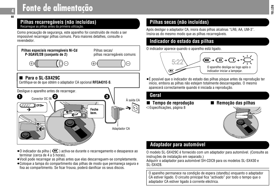 Fonte de alimentação | Panasonic SLSX429C User Manual | Page 60 / 100