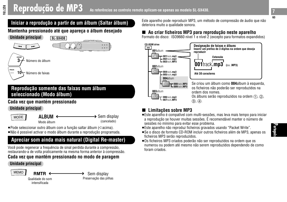 Reprodução de mp3, 001 track .mp3, Album | Cada vez que mantém pressionado, Limitações sobre mp3, Cada vez que mantém pressionado no modo de paragem | Panasonic SLSX429C User Manual | Page 63 / 100