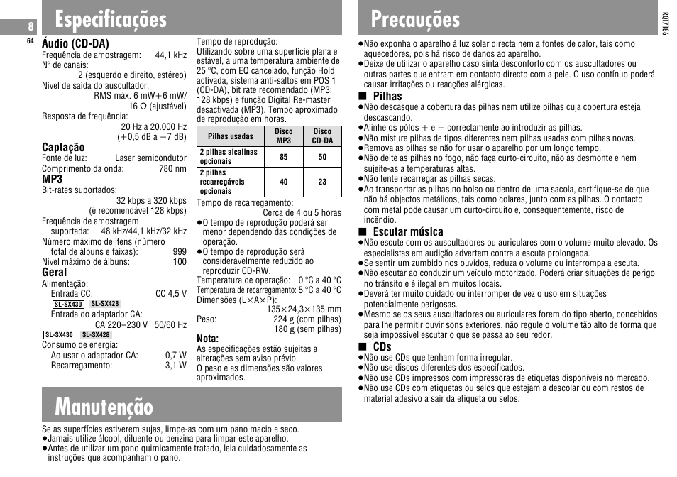 Especificações, Manutenção, Precauções | Panasonic SLSX429C User Manual | Page 64 / 100