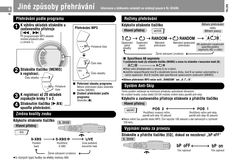 Jiné zpûsoby pâehrávání, Bp off, Bp on | Pâehrávání podle programu, Zmêna kvality zvuku, Random, Random a b, Reƒimy pâehrávání, Systém anti-skip, Vypínání zvuku za provozu | Panasonic SLSX429C User Manual | Page 78 / 100