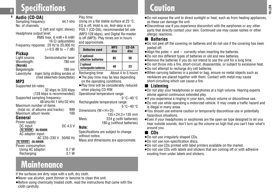 Specifications, Maintenance, Caution | Panasonic SLSX429C User Manual | Page 8 / 100