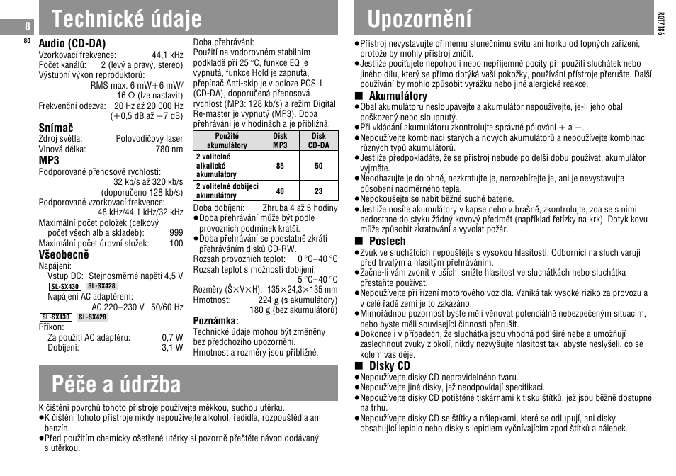 Technické údaje, Péçe a údrƒba, Upozornêní | Panasonic SLSX429C User Manual | Page 80 / 100