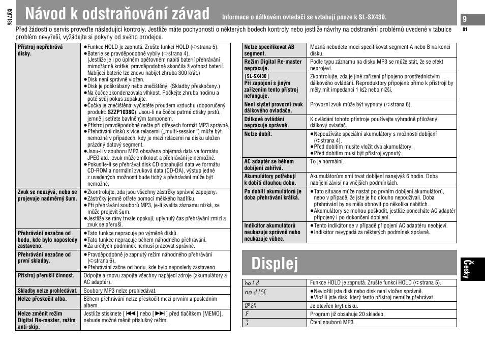 Návod k odstrañování závad, Displej | Panasonic SLSX429C User Manual | Page 81 / 100