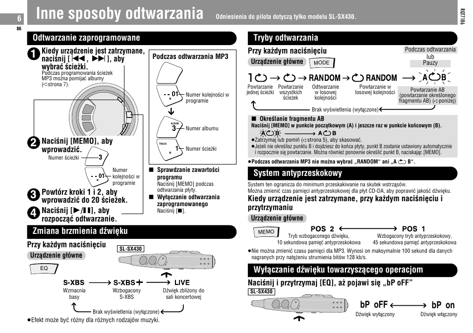 Inne sposoby odtwarzania, Bp off, Bp on | Odtwarzanie zaprogramowane, Zmiana brzmienia dœwièku, Random, Random a b, Tryby odtwarzania, System antyprzeskokowy, Wyìàczanie dœwièku towarzyszàcego operacjom | Panasonic SLSX429C User Manual | Page 86 / 100