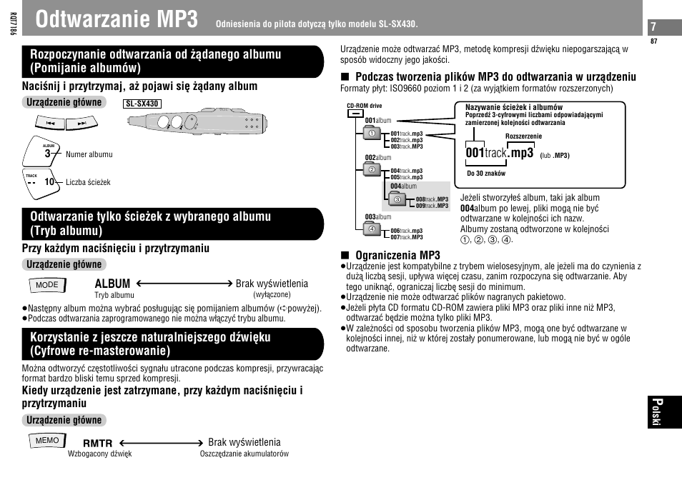Odtwarzanie mp3, 001 track .mp3, Album | Naciønij i przytrzymaj, aë pojawi siè ëàdany album, Przy kaëdym naciønièciu i przytrzymaniu, Ograniczenia mp3 | Panasonic SLSX429C User Manual | Page 87 / 100