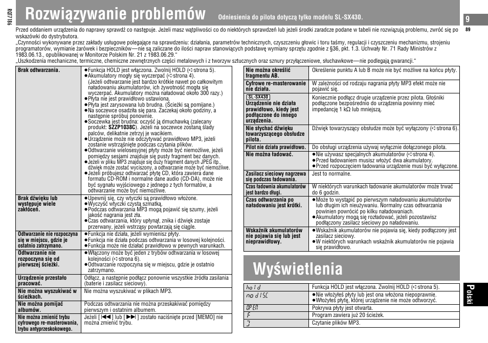 Rozwiàzywanie problemów, Wyøwietlenia | Panasonic SLSX429C User Manual | Page 89 / 100