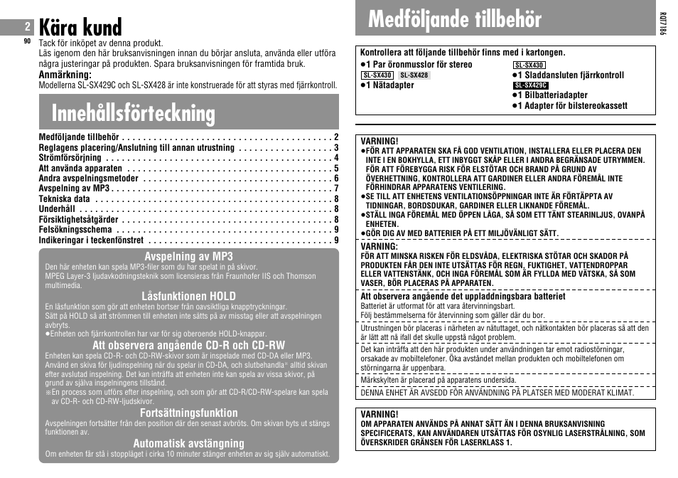 Innehållsförteckning kära kund, Medföljande tillbehör | Panasonic SLSX429C User Manual | Page 90 / 100