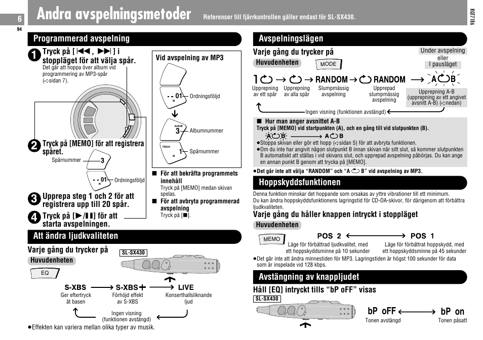 Andra avspelningsmetoder, Bp off, Bp on | Programmerad avspelning, Att ändra ljudkvaliteten, Random, Random a b, Avspelningslägen, Hoppskyddsfunktionen, Avstängning av knappljudet | Panasonic SLSX429C User Manual | Page 94 / 100