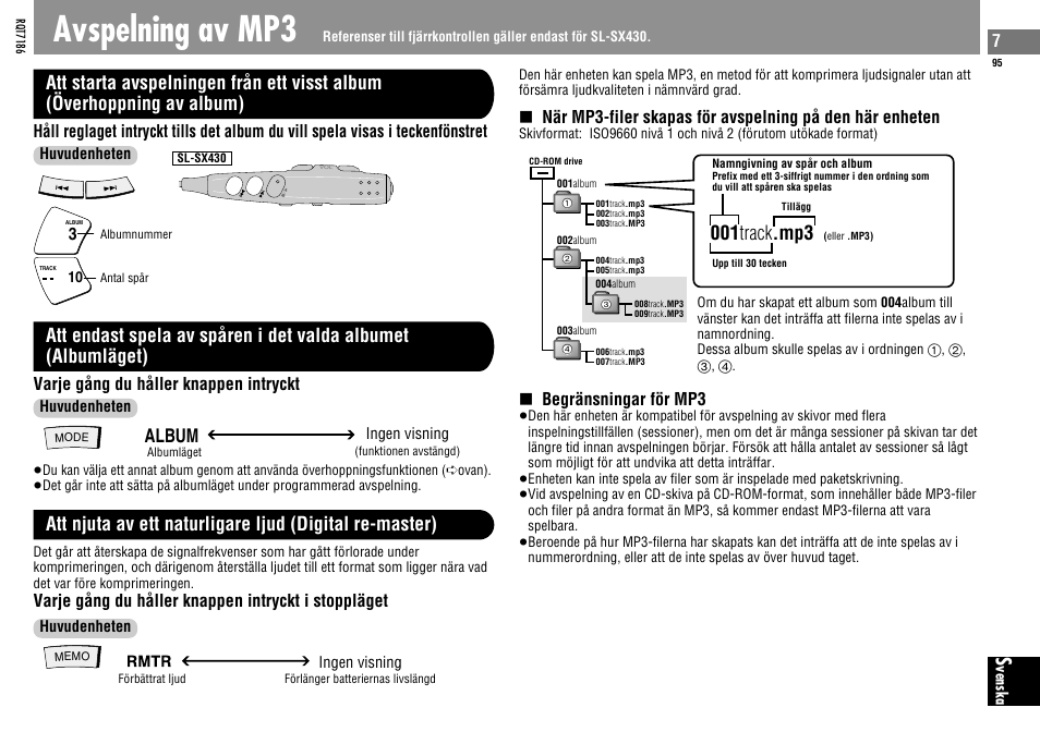 Avspelning av mp3, 001 track .mp3, Album | Varje gång du håller knappen intryckt, Begränsningar för mp3, Varje gång du håller knappen intryckt i stoppläget | Panasonic SLSX429C User Manual | Page 95 / 100
