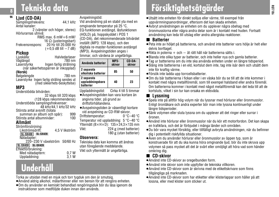 Tekniska data, Underhåll, Försiktighetsåtgärder | Panasonic SLSX429C User Manual | Page 96 / 100