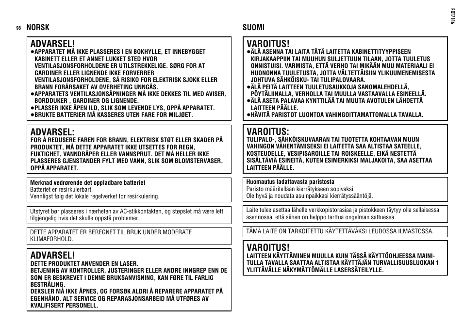 Advarsel, Varoitus | Panasonic SLSX429C User Manual | Page 98 / 100