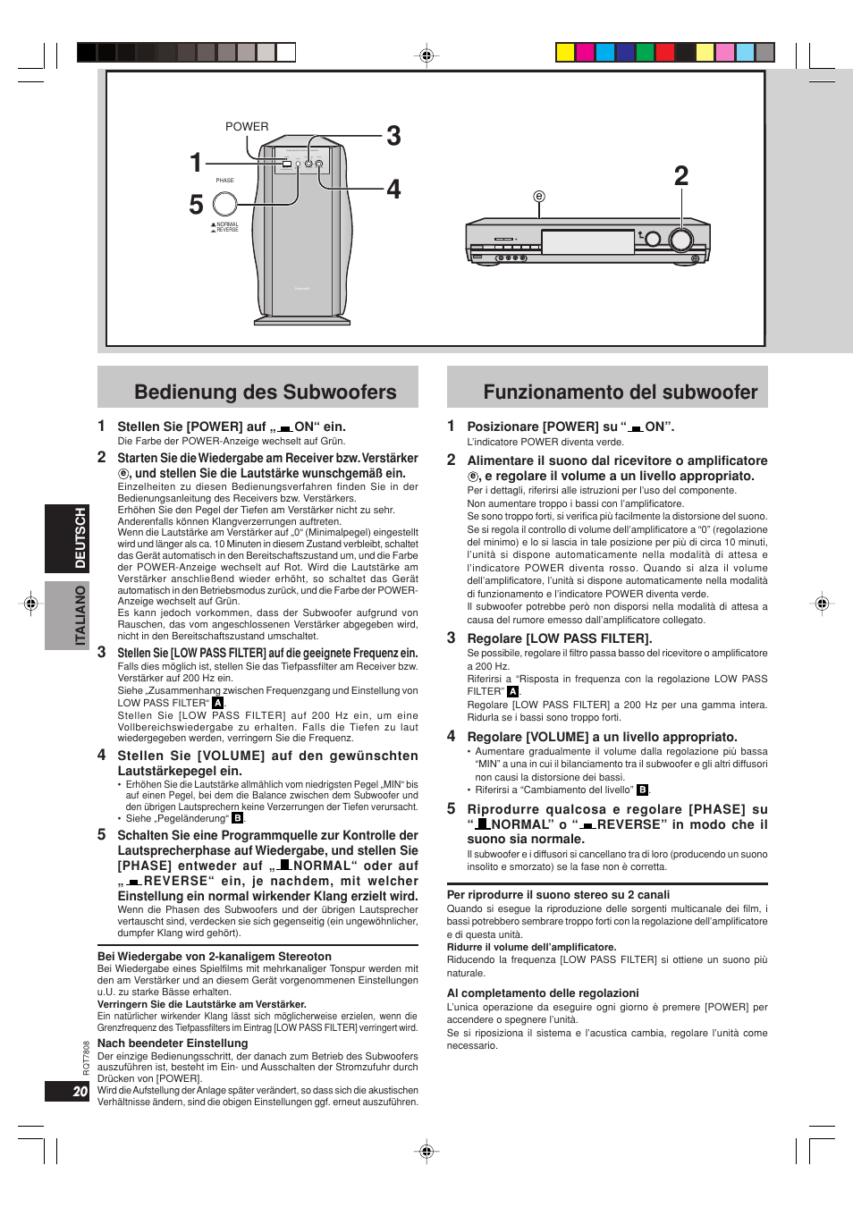 Bedienung des subwoofers, Funzionamento del subwoofer | Panasonic SBWA800 User Manual | Page 20 / 32