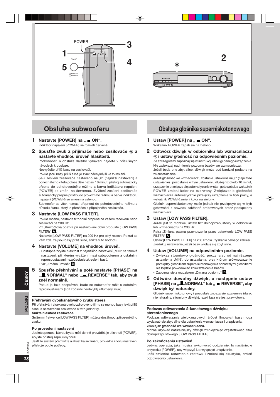 Obsluha subwooferu, Obsługa głośnika superniskotonowego | Panasonic SBWA800 User Manual | Page 28 / 32