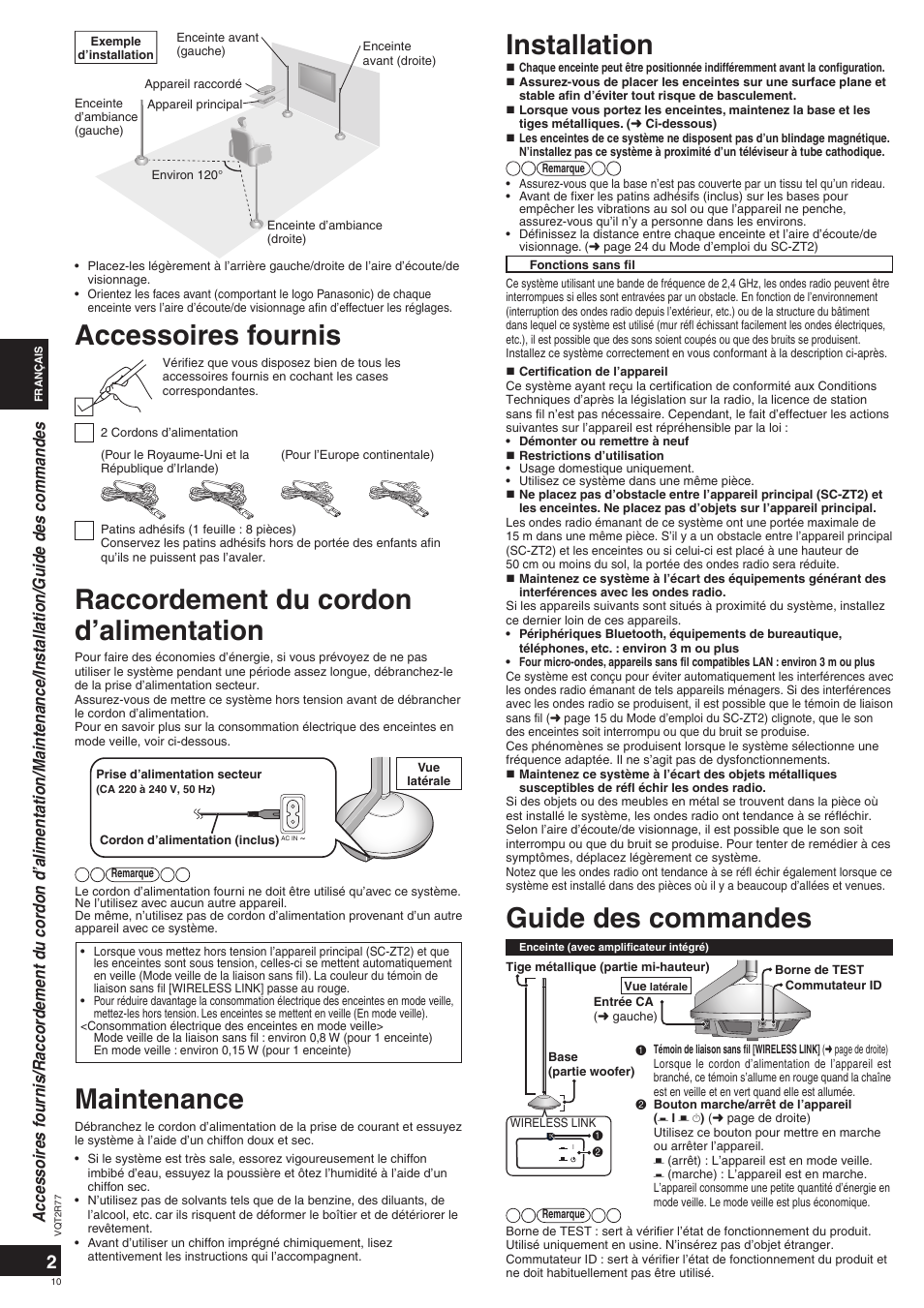 Installation, Guide des commandes, Accessoires fournis | Maintenance, Raccordement du cordon d’alimentation | Panasonic SCZT2 User Manual | Page 10 / 40