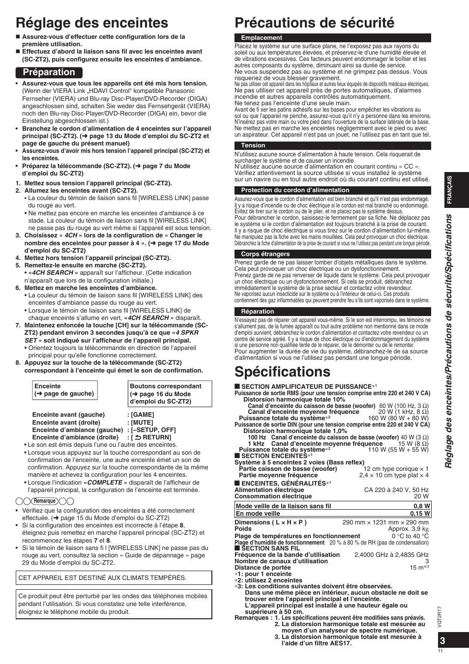 Réglage des enceintes précautions de sécurité, Spécifi cations, Préparation | Panasonic SCZT2 User Manual | Page 11 / 40