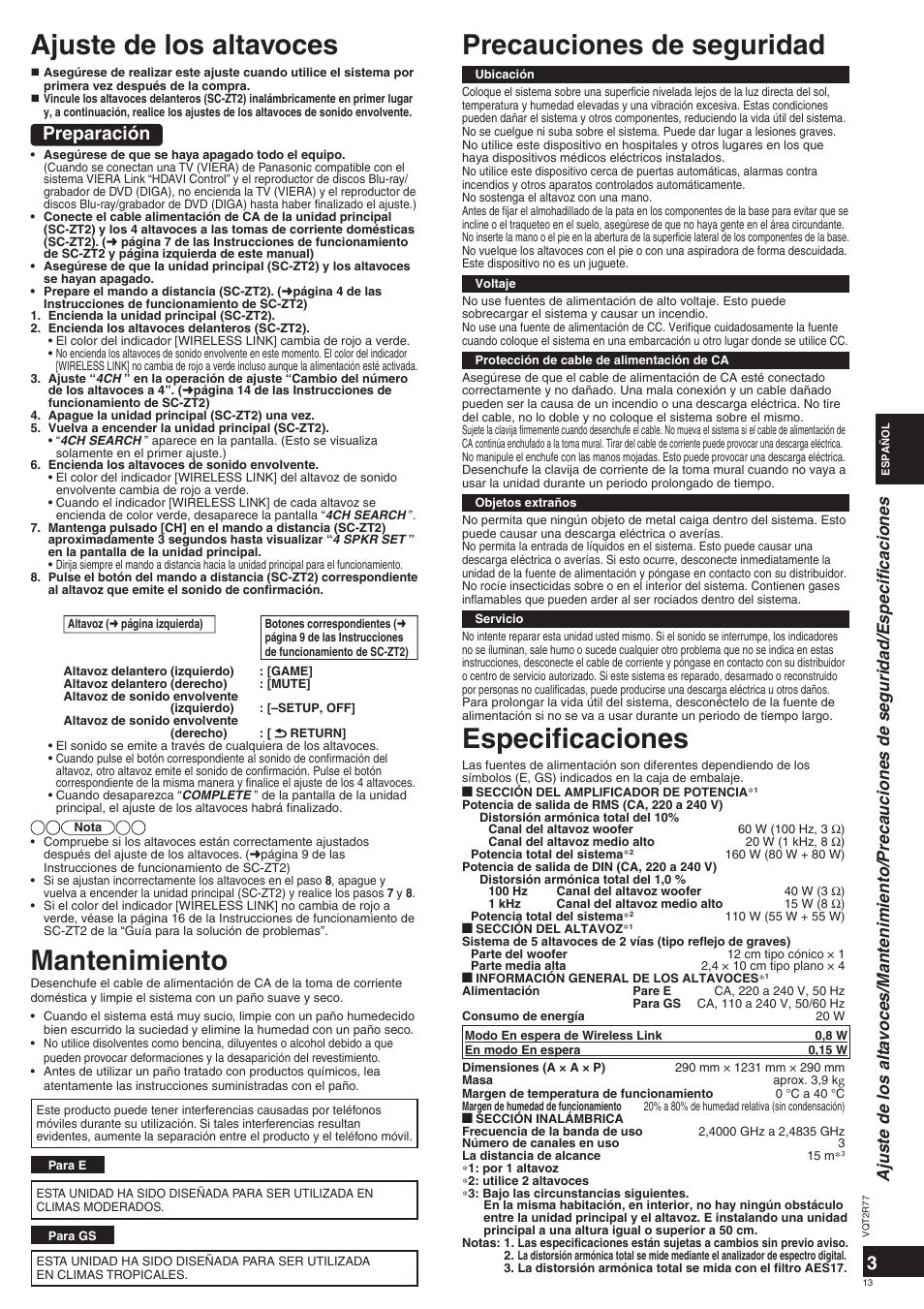 Mantenimiento, Ajuste de los altavoces precauciones de seguridad, Especifi caciones | Preparación | Panasonic SCZT2 User Manual | Page 13 / 40