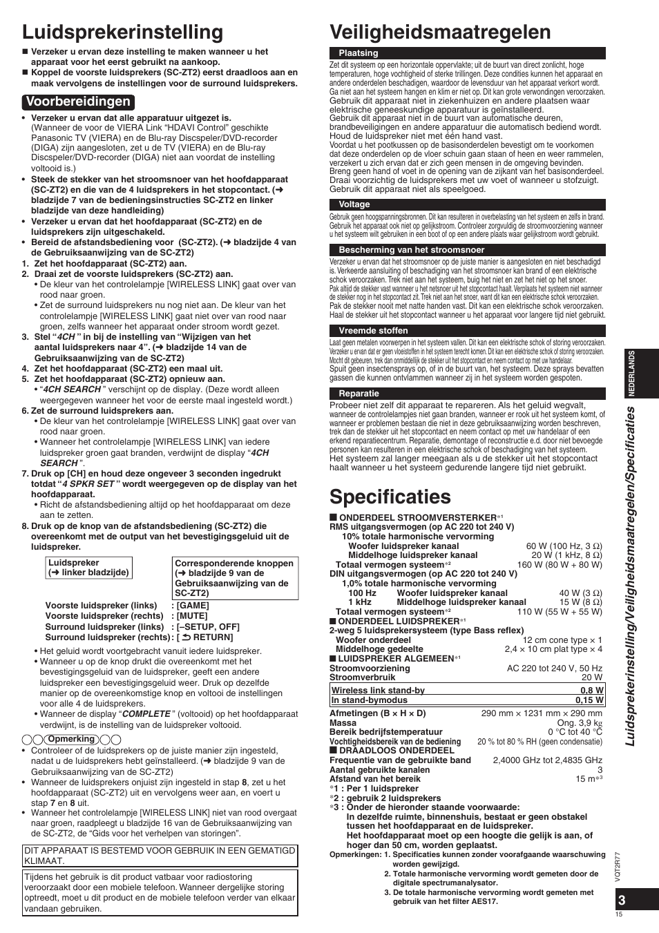 Luidsprekerinstelling veiligheidsmaatregelen, Specifi caties, Voorbereidingen | Panasonic SCZT2 User Manual | Page 15 / 40
